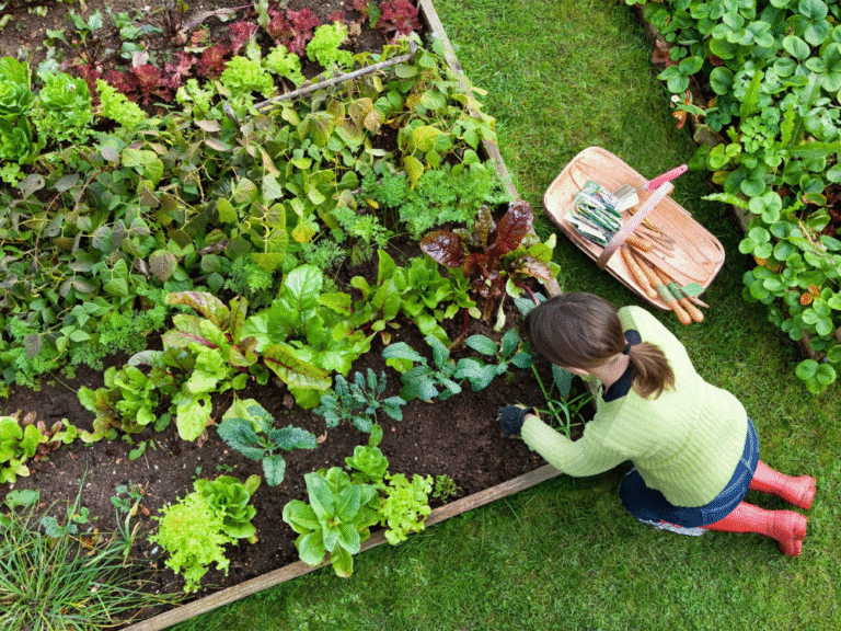 Se muestra un adolescente trabajando en un huerto con una canasto de verduras al lado.